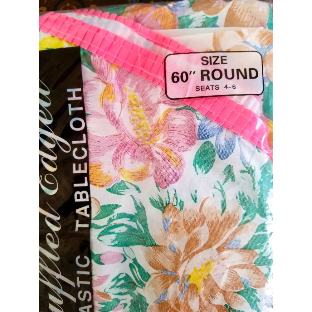 Vintage 90s Watercolor Floral Print Pink Ruffle 60” Round Plastic Tablecloth NIP - Picture 3 of 4